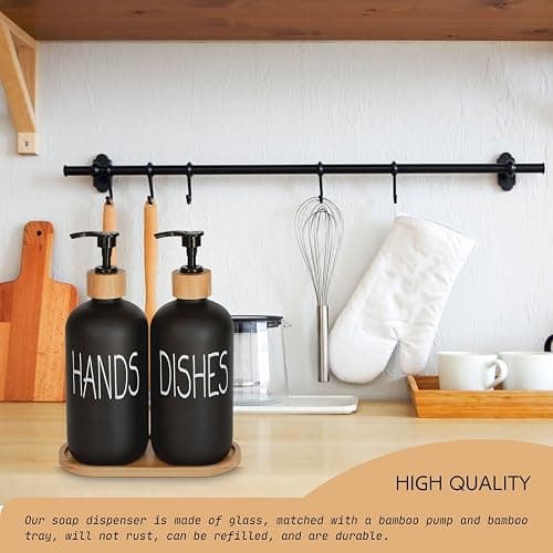 Glass Soap Dispenser Set. Hand and Dish with Bamboo Tray. Vintage Pump for Kitchen Sink Bathroom. Stylish Permanent Labels (Matte Black) thumbnail 2