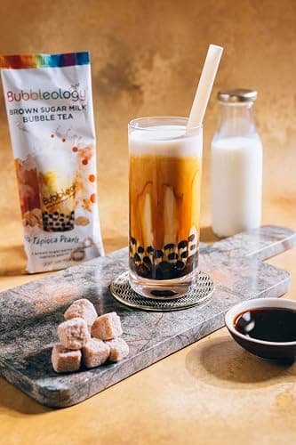 Bubbleology Brown Sugar Milk Bubble Tea Kit (Pack of 10) Boba Tea Kit With Tapioca Pearls | Each Sachet Contains: 1x Brown Sugar Blend, 1x Tapioca Pearls, 1x Large Straw | Just Add Milk thumbnail 2