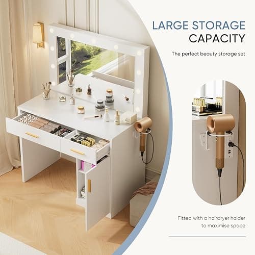 DUMOS Vanity Desk with Mirror and 11 LED Lights, Makeup Vanity Table with Charging Station (2AC/USB/C), Dressing Table with 2 Drawers & Large Cabinet, 3 Lighting Color Adjustable, White thumbnail 3