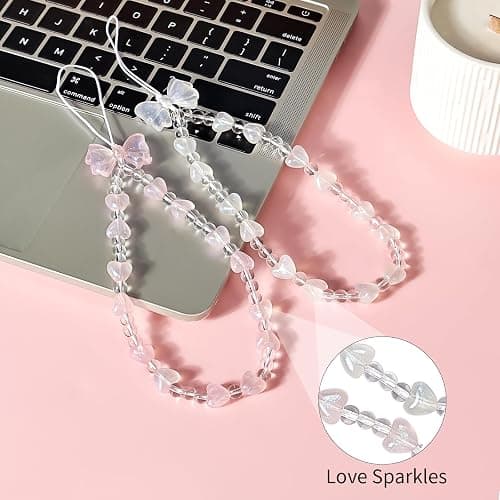 inewateri 2 Pack White & Pink Sparkling Bowknot Love Beaded Chain-Phone Lanyard Set, Multi-Purpose Cellphone Bag Key Accessory, Aesthetic Wrist Strap for Women Girls - Sparkle thumbnail 2