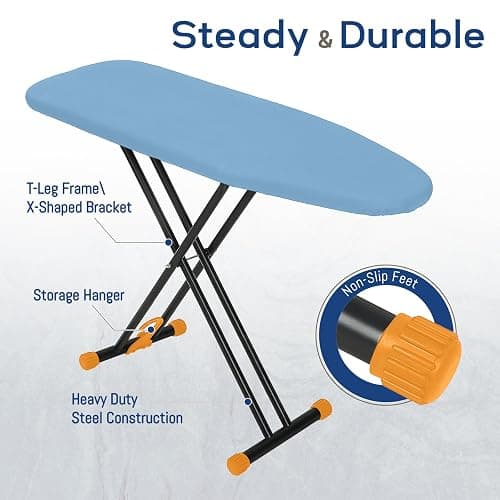 RAINHOL Compact Ironing Board Full Size 43x13 with Extra Thick Padded Cover, Height Adjustable Iron Board with Hanger, Easy to Fold Space Saver Design for Dorm Apartment Small Laundry Rooms, Blue thumbnail 5
