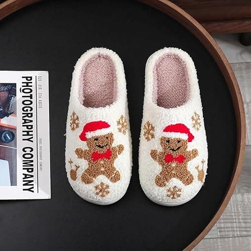 Gingerbread Man Christmas Slippers for Women Men, Cute Fuzzy House Slippers, Cozy Warm Plush Indoor Slippers, Non-slip Soft Winter Holiday Slippers, White Fluffy Xmas Slippers, Christmas Gift Slippers for Adults thumbnail 2