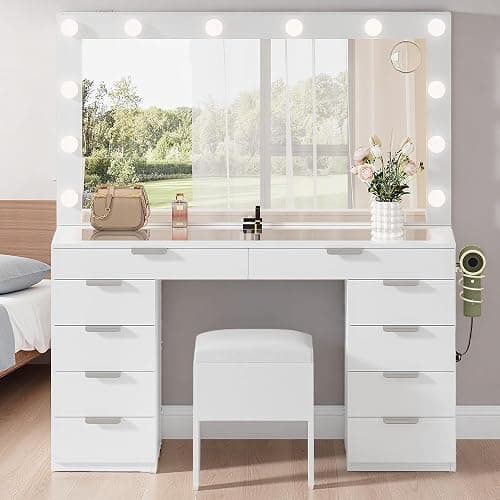 YITAHOME 46" Glass Top Vanity Desk with LED Mirror, 11 LED Bulbs, 3 Adjustable Lighting Modes, 10-Drawer Makeup Vanity with PU Storage Stool, Dressing Table Built-in USB & AC Outlets - Image 1