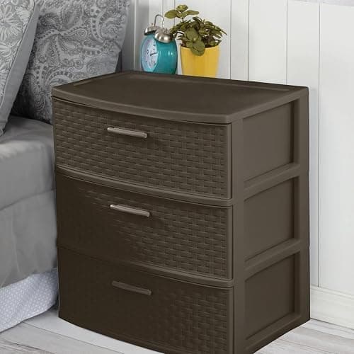 Brown 3 Drawer Wide Weave Tower - Plastic Décor Drawers with Pull Handles thumbnail 5