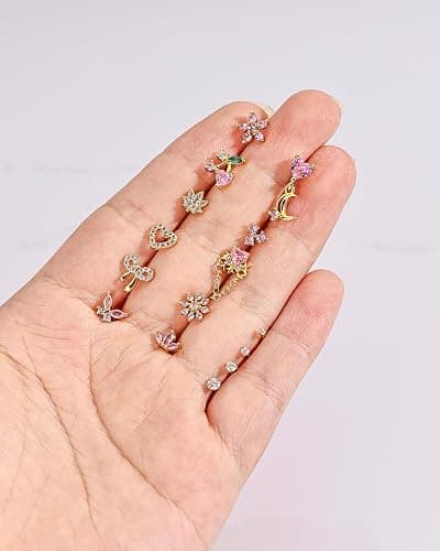 BSJ4U Nose Rings L Shaped for Women Nose Piercings 20G Surgical Stainless Steel Gold Plated Nose Studs Pink Red CZ Heart Butterfly Flower Cherry Bow Moon Dangle Nose Piercing Jewelry thumbnail 5