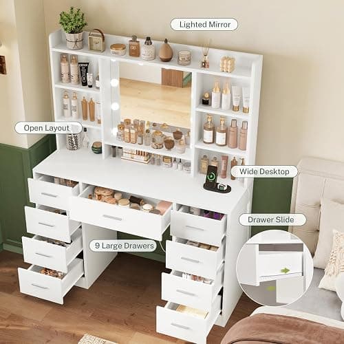 FIONESO Vanity Desk with Mirror and Lights, Power Outlet, Makeup Vanity with 9 Drawers & 6 Open Storage Shelves, 3 Lighting Modes Brightness Adjustable, White thumbnail 4