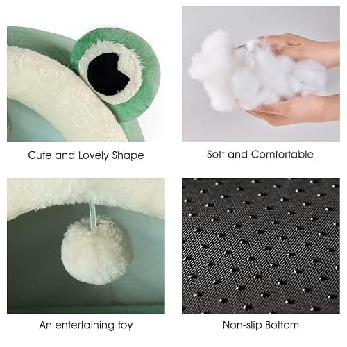 Jiupety Cute Cat Bed, Indoor Lovely Velvet Igloo for Cat and Small Dog, Warm Cave Sleeping Nest Bed for Puppy and Kitten, Green Frog, M thumbnail 4