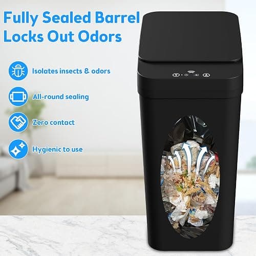 Bathroom Trash Can with Lid, KOEYLE 2 Pack 2.2 Gallon Automatic Touchless Garbage Can, Small Motion Sensor Smart Trash Can, Slim Waterproof Trash Bin for Bedroom, Bathroom, Office, Living Room (Black) thumbnail 6