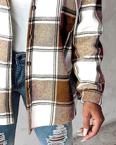 CHICME Womens Lightweight Casual Jacket Plaid Long Sleeve Shacket Fleece Lined Hooded Jackets Warm Coat thumbnail 3