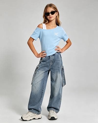 Kxuryueo Teen Girl Clothes One Shoulder Top and Wide Leg Stretch Jeans 2 Piece Casual Outfits Size 7-16 thumbnail 3