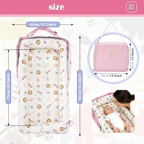 Loevin Baby Lounger for Newborns & Infants 0–24 Months, 100% Cotton Breathable Infant Support Cushion with Adjustable Size, Portable Baby Nest for Home and Travel, Baby Shower Gift (Animal World Pink) thumbnail 3