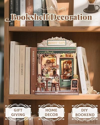 CUTEBEE Book Nook Kit - DIY Miniature House Dollhouse Kit for Adult and Teens, Booknook Bookshelf Decor Alley Model Build with LED Light, Gifts for Family and Friends (Sunny Cafe) thumbnail 4