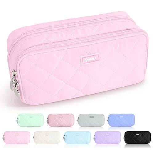 Sooez Large Pencil Case Pouch,Extra Big Pencil Bag with 8 Compartments,Pen Bag Wide Opening,Soft Quilted Pencil Pouch Organizer with Zipper,Portable Pencil Case for Teen Girls,Beige - Beige thumbnail 2