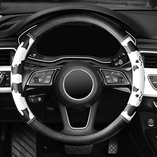 Cow Print Steering Wheel Cover, Universal 14.5-15 inch Breathable Microfiber Leather Anti-Slip Car Steering Wheel Protector for Women Men, Black&White thumbnail 2