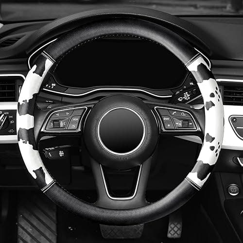 Cow Print Steering Wheel Cover, Universal 14.5-15 inch Breathable Microfiber Leather Anti-Slip Car Steering Wheel Protector for Women Men, Black&White thumbnail 3