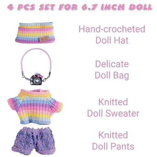 4pcs Handcrafted 15cm/17cm Doll Clothes Set for Labubu (No Doll), Cute and Premium Outfits Accessories, Hand Crocheted Hat, Sweaters, Skirt, Bag (Rainbow) AK052 thumbnail 3