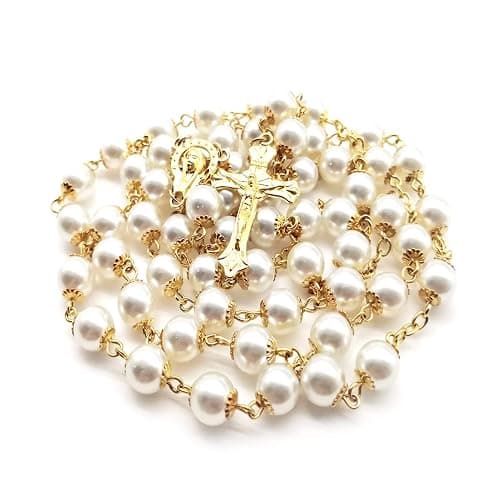 Rosary Beads Catholic for Women Girls, First Holy Communion Rosary Gifts for Girls Catholic, Gold White Rosary Necklace for Women Imitation Pearl Beads Necklace Rosarios Catolicos thumbnail 5