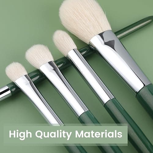 Natural Real Goat Hair Makeup Brushes Set Labeled 9 Piece Face and Eye Brush Set Ultra soft hair Foundation, Concealer, Blush, Contour, Blending, Eyeshadow Kabuki travel makeup brush set (green) thumbnail 2