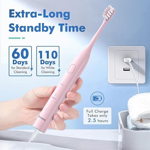 keosaa Pink Electric Toothbrush with 8 Brush Heads, Sonic Toothbrush with Fast Charge 4 Hours Last 60 Days, 2-Min & 30s Smart Timer, IPX7 Waterproof(Pink) thumbnail 5