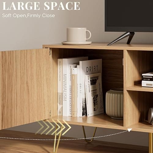 Apetaccat TV Stand for 55-65 Inch TV, Entertainment Center with Soft Hinge Door,TV Console Table with 2 Cabinets with Gold Handle and Feet,for Living Room, Bedroom, Oak thumbnail 7