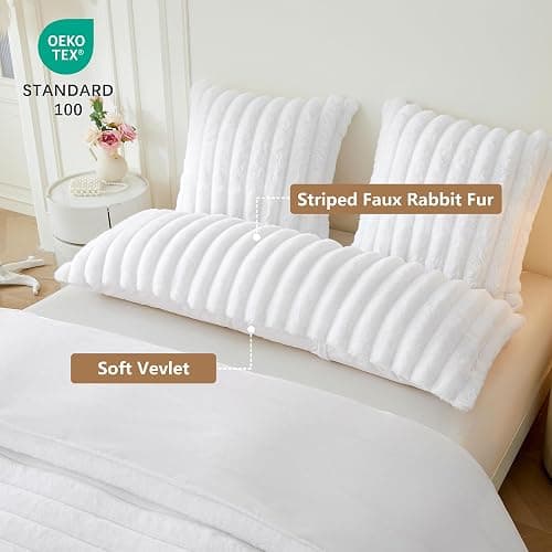 MEGO Fluffy Faux Rabbit Fur Body Pillow Cover, Soft Plush Fuzzy Wide Striped 20x54 Zippered Body Pillowcase, Decorative Shaggy Furry Bedroom Long Pillow Cover for Pregnant Women Side Sleeper, White thumbnail 3
