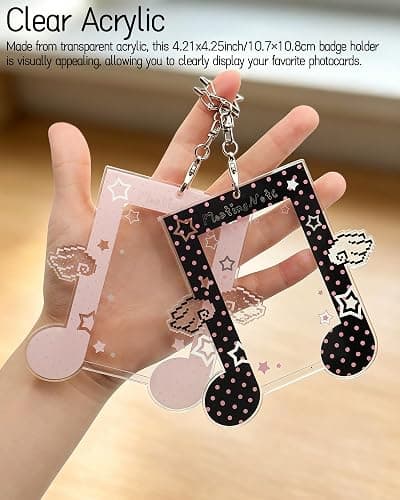 Musical Note Kpop Photocard Holder Keychain with Angel Wing Decor - 2 Pieces Clear Acrylic Protective Badge Holder for ID, Bus, Credit Cards (Pink) thumbnail 6