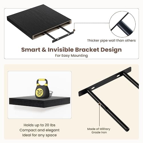 Fun Memories Floating Shelves for Wall - 12 Inch Square Shelves with Invisible Brackets, Black Small Wall Shelf for Living Room, Bathroom, Bedroom, and Kitchen Decor，Set of 4 thumbnail 4