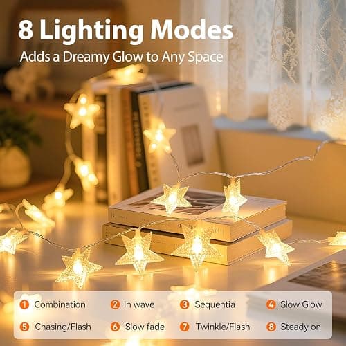 Rechargeable Star Fairy Lights Battery Operated with 8 Modes, 17FT 50LED String Lights Indoor with Timer, Twinkle Lights for Bedroom Dorm Tent Wedding Party Christmas Decorations, Warm White thumbnail 5