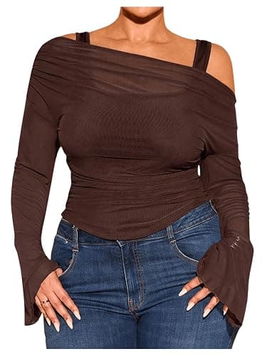 WDIRARA Women's Plus Size 2 in 1 Off Shoulder T Shirt Ruched Sheer Bell Long Sleeve Tee - Image 1