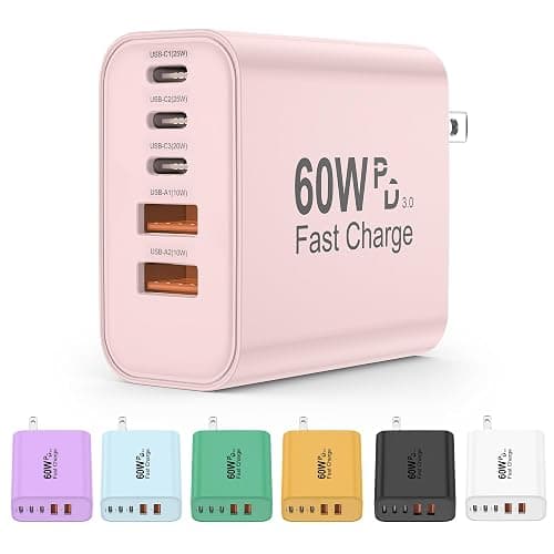 USB C Charger Block, 60W 5 in 1 Charging Blocks, PD 3.0 Fast Charger, QC 2A Pink Wall Plug Multiport Type C Charging Block for iPhone 17 16 15 14 13 12 Pro Max, iPad, iPod, Samsung, AirPods Pro - Image 1