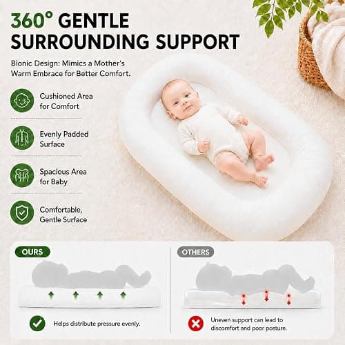 Mapotf Baby Lounger for Newborns 0-24 Months - Baby Essentials | Soft Breathable Cotton Infant Support Cushion for Tummy Time & Play, Portable Infant Lounger - Cloud White (Cover Included) thumbnail 5