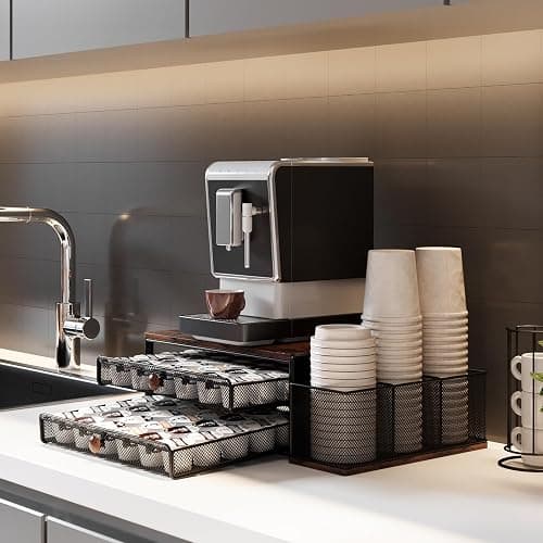 TQVAI K Cup Holder - 60 Capsule Capacity 2 Tier Sliding Pods Storage Drawer with Disposable Cups & Lids Holder, Coffee Bar Station Organizer for Countertop, Black thumbnail 9