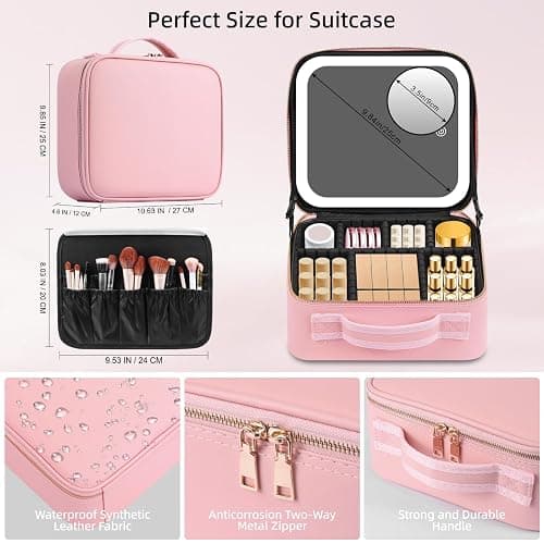 RRtide Makeup Bag with Mirror of LED Lighted, Travel Makeup Train Case Cosmetic Bag Organizer with Mirror and Lights, Make up Bag with Light up Mirror Adjustable Divider Brush Board thumbnail 2