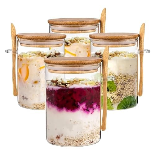 Eidoct 4-Pack Overnight Oats Containers with Wooden Lids and Spoon | 16 oz Overnight Oats Jars, Glass Food Storage Container for Oatmeal, Chia Pudding, Yogurt, Salad, Cereal - Image 1