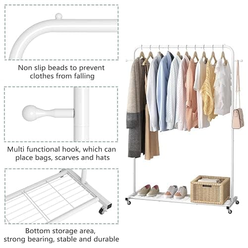 Sywhitta Clothing Rack on Wheels with Mesh Storage Shelf & Sturdy Metal Frame, Rolling Garment Rack for Hanging Clothes, Coats, Skirts, 39.76" L x 16" W x 64.56" H,White thumbnail 4