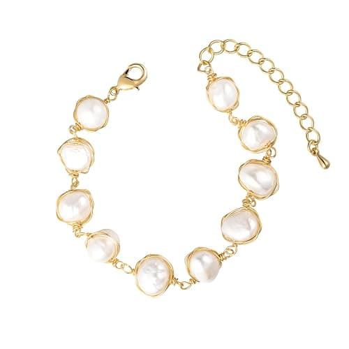 Cowlyn Pearl Bracelet Baroque Cultured Pearl Link, 14K Gold Plated Beaded Link Chain Charm Bracelets for Women Handmade Jewelry - Image 1