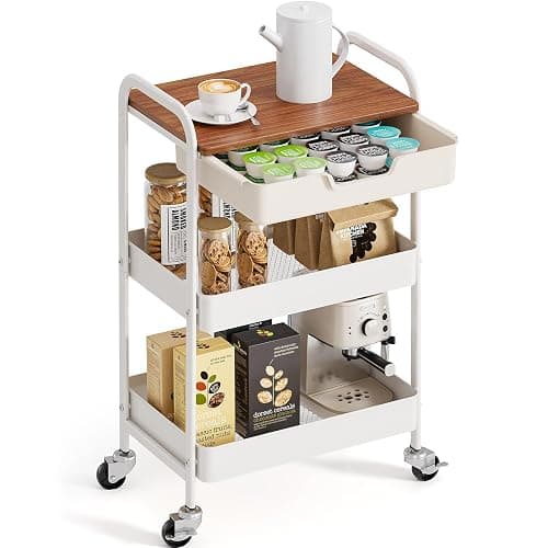 TOOLF 3 Tier Rolling Cart with Drawer, Metal Utility Storage Cart, White | Wooden Tabletop, Lockable Metal Wheels, Trolley Organizer for Bathroom, Kitchen, Office, Nursery, Dorm, Laundry, Craft Room - Image 1