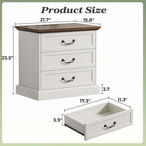 Huuger Nightstand with Charging Station, 3 Drawer Night Stand, 22 Inch Wider Side Table with Storage, Farmhouse Nightstand with Vintage Handles, Thicken Base, for Bedroom, Distressed White thumbnail 2