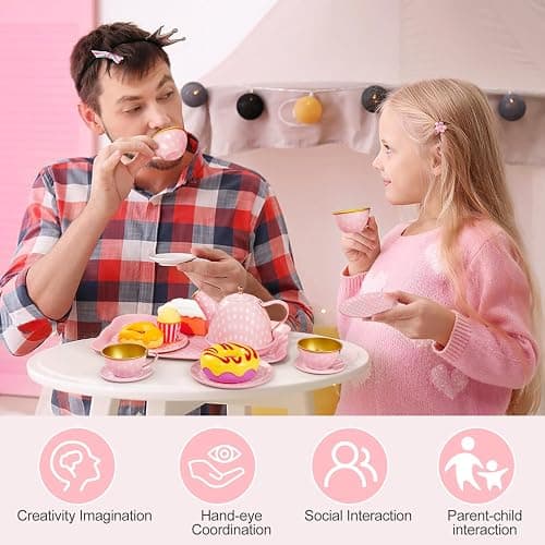 Tea Party Set for Little Girls, Princess Tea Time Toys Including Tin Teapot Set Cups Carrying Case, Toddlers Pretend Role Play Kids Kitchen Toys Birthday Gifts Age 3 4 5 6 thumbnail 6