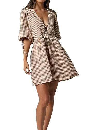 PINUPART Women's Gingham Puff Sleeve Tie Front Babydoll Mini Dress thumbnail 4