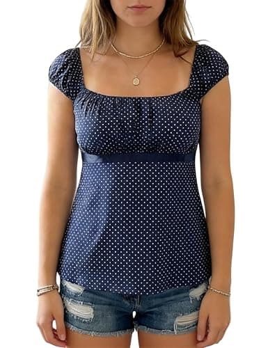 VnimVinter Women Fairy Grunge Y2k Babydoll Shirt Cap Sleeve Micro Polka Dot Tie Back Flowy Babydoll Top Preppy Clothes - Image 1