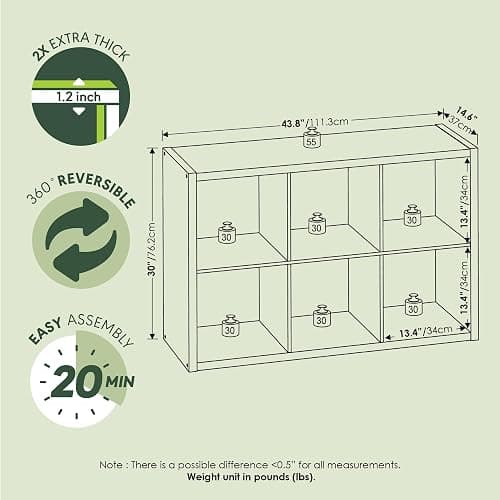 Furinno CUBICLE Book Shelf, 6-Cube Bookshelf, Extra Thick Frame Horizontally & Vertically Reversible Bookcase with Open Back, 14.6" x 44" x 30", for Living Room, Bedroom, Home Office, White thumbnail 3
