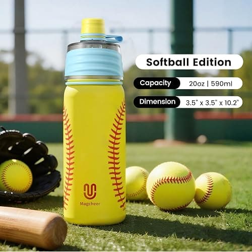 Magcheer Softball Water Bottle - 20oz Insulated Misting Water Bottles Stainless Steel 3D Textured - Softball Accessories Gift for Kids thumbnail 6