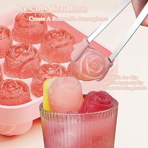 Ice Cube Mold with Lid, Silicone Rose Ice Cube Tray with Mini Tongs, Rose Ice Cube Trays for Freezer, Easy Release Ice Trays Maker, Make 9 Ice Ball Maker Mold Flower Ice Tray Mold for Cocktail thumbnail 4