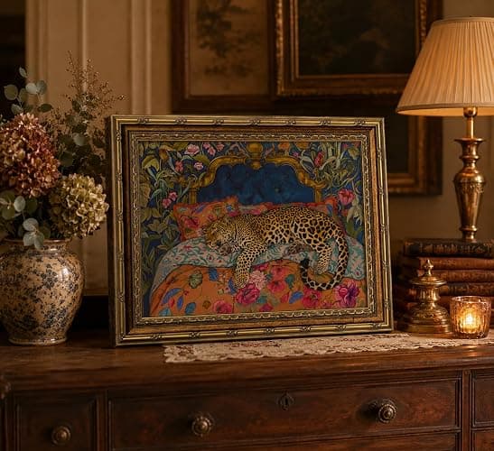 FKRYTYB Vintage Gold Frame Sleeping Leopard Canvas Wall Art 11x9in | Luxury Jungle Theme Colorful Cheetah Animal Tropical Floral Fashion Maximalist Dopamine for Living Room Bedroom Dorm Office thumbnail 2