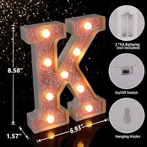 LED Letter Lights Pink Glitter Marquee Letters Light Up Alphabet Letters Sign Battery Powered for Home Party Decoration Night Bar Wedding Birthday Christmas Lamp Girls Gift - Letter K thumbnail 2