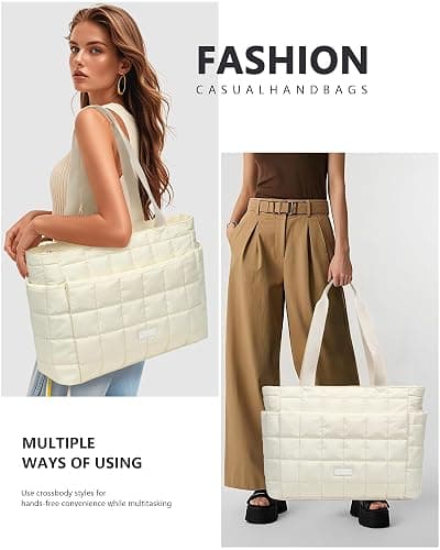 HKCLUF Quilted Puffer Tote Bag for Women 20L Lightweight Waterproof Large Work Travel Gym Tote Bag with Laptop Compartment thumbnail 2