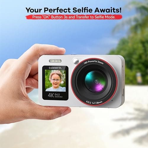 Deatti Digital Camera FHD 4K with Dual Screen 64GB SD Card 2 Batteries,18X Zoom,Anti Shake Portable Rechargeable Camera for Teens Boys Girls Kids,White thumbnail 3