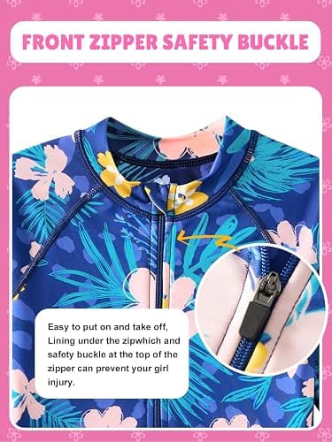 Angel season Girls Long Sleeve Swimsuits One Piece Rash Guard Bathing Suit UPF50+ Toddler Kids Zipper Swimwear Size 2-10 - Blue Floral - 2-3T thumbnail 3