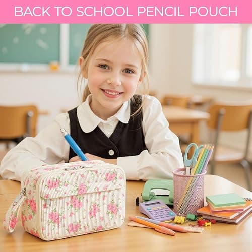 WOBAGMEN Cute Pencil Case,Large Corduroy Zippered Pencil Case Pouch, aesthetic Pencil Bag with Compartments, Pencil Pouch School Supplies (Big Pink Floral) thumbnail 7